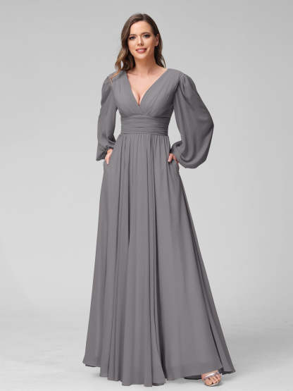 V-Neck A-Line Princess Floor-Length Bridesmaid Dresses With Side Split and Long Sleeves