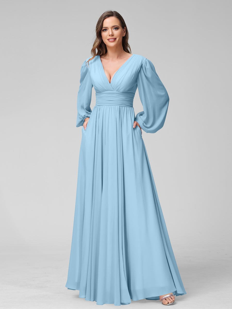 V-Neck A-Line Princess Floor-Length Bridesmaid Dresses With Side Split and Long Sleeves