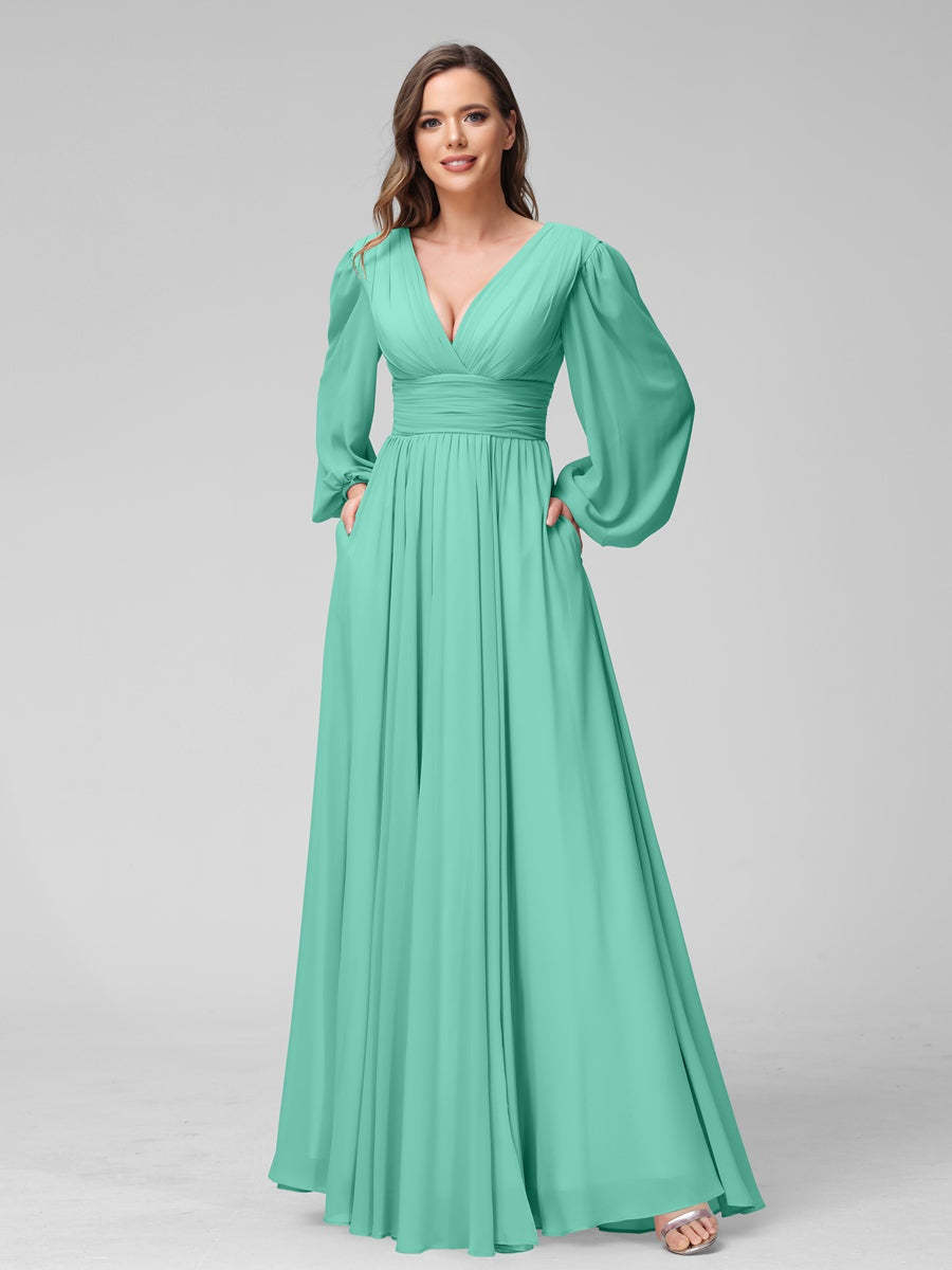 V-Neck A-Line Princess Floor-Length Bridesmaid Dresses With Side Split and Long Sleeves