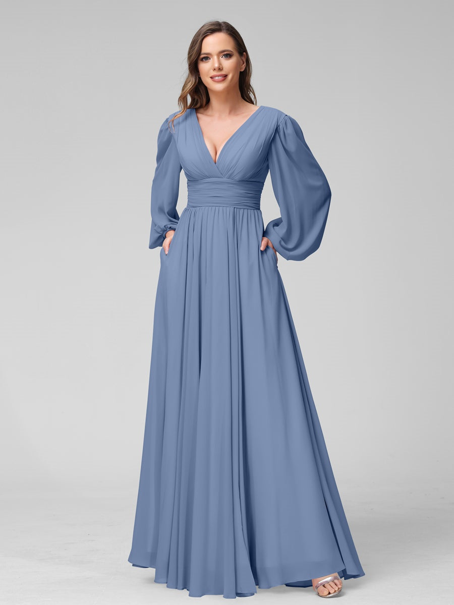 V-Neck A-Line Princess Floor-Length Bridesmaid Dresses With Side Split and Long Sleeves