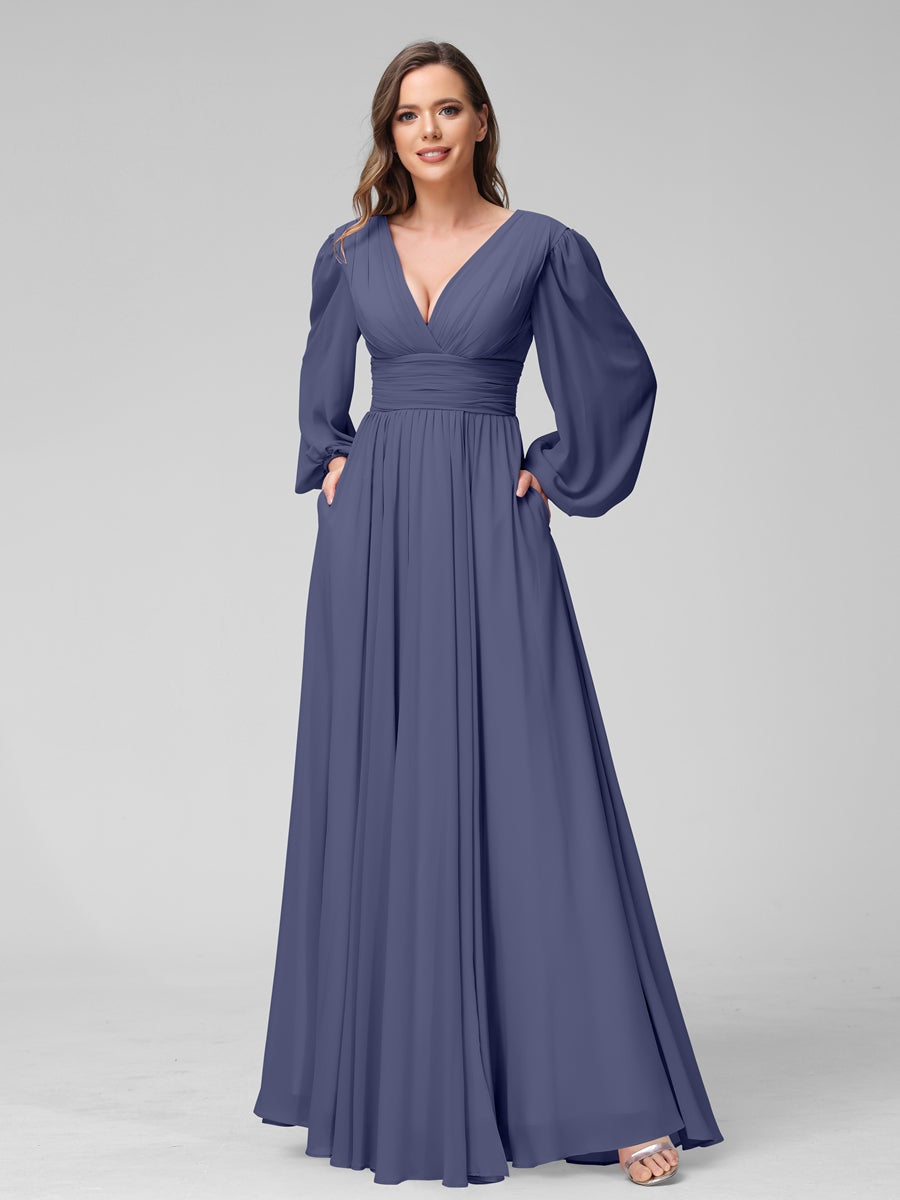 V-Neck A-Line Princess Floor-Length Bridesmaid Dresses With Side Split and Long Sleeves