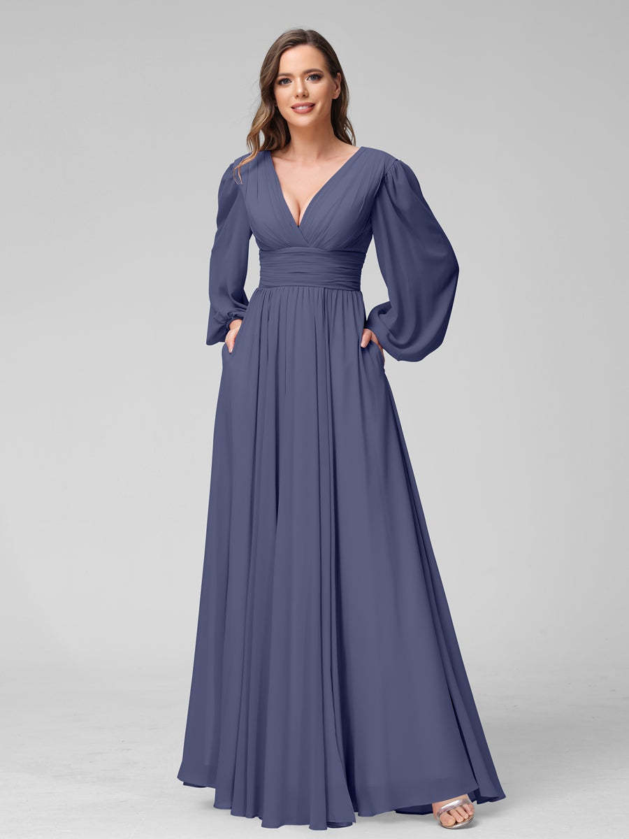 V-Neck A-Line Princess Floor-Length Bridesmaid Dresses With Side Split and Long Sleeves