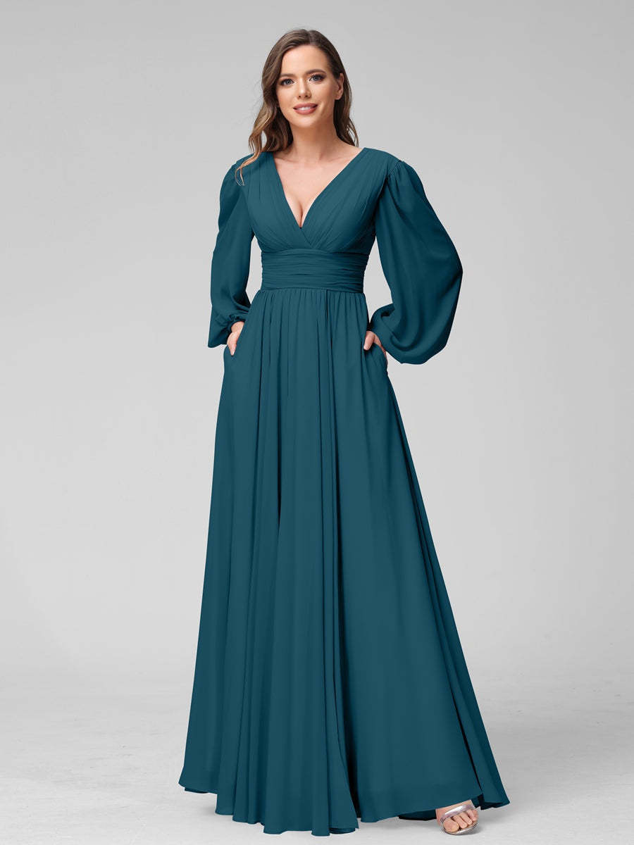 V-Neck A-Line Princess Floor-Length Bridesmaid Dresses With Side Split and Long Sleeves