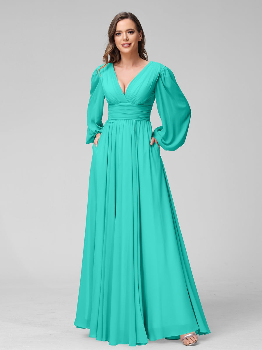 V-Neck A-Line Princess Floor-Length Bridesmaid Dresses With Side Split and Long Sleeves