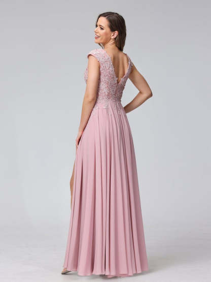 V-Neck Sleeveless A-Line Princess Chiffon Bridesmaid Dress with Applique and Side Split
