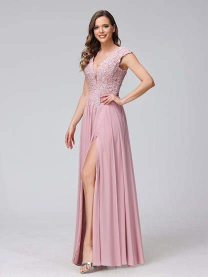 V-Neck Sleeveless A-Line Princess Chiffon Bridesmaid Dress with Applique and Side Split
