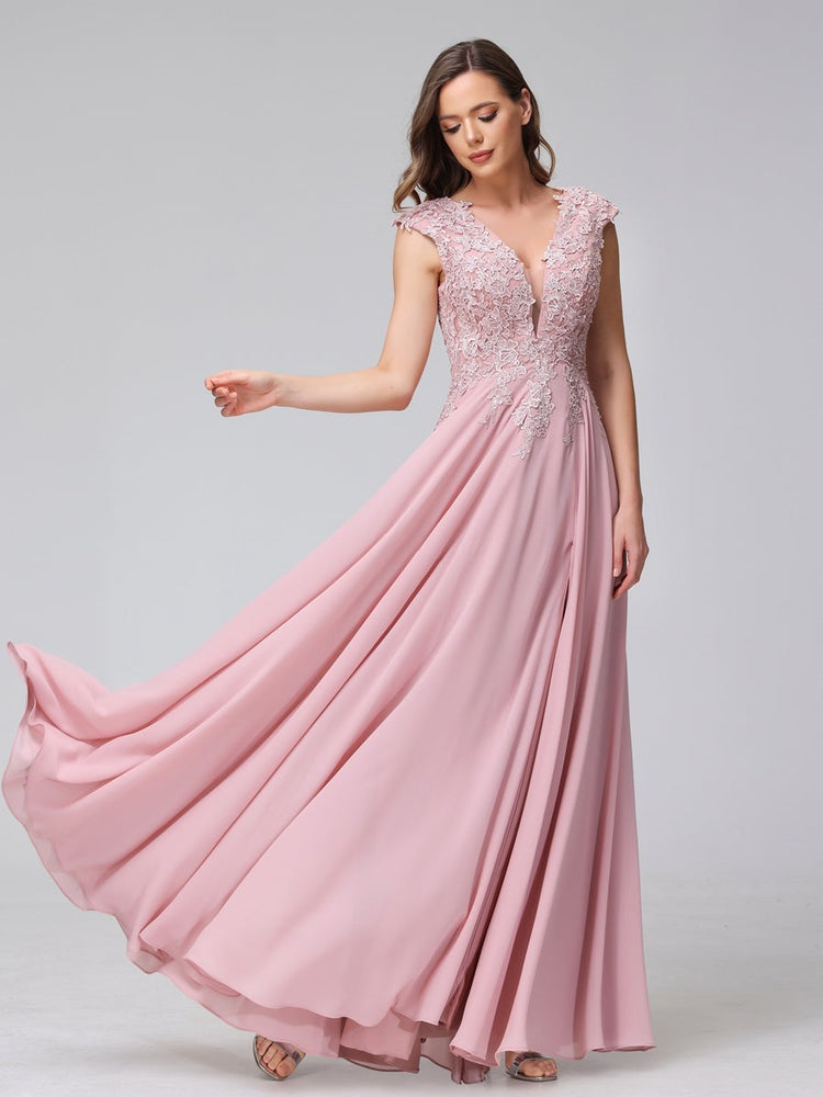 V-Neck Sleeveless A-Line Princess Chiffon Bridesmaid Dress with Applique and Side Split