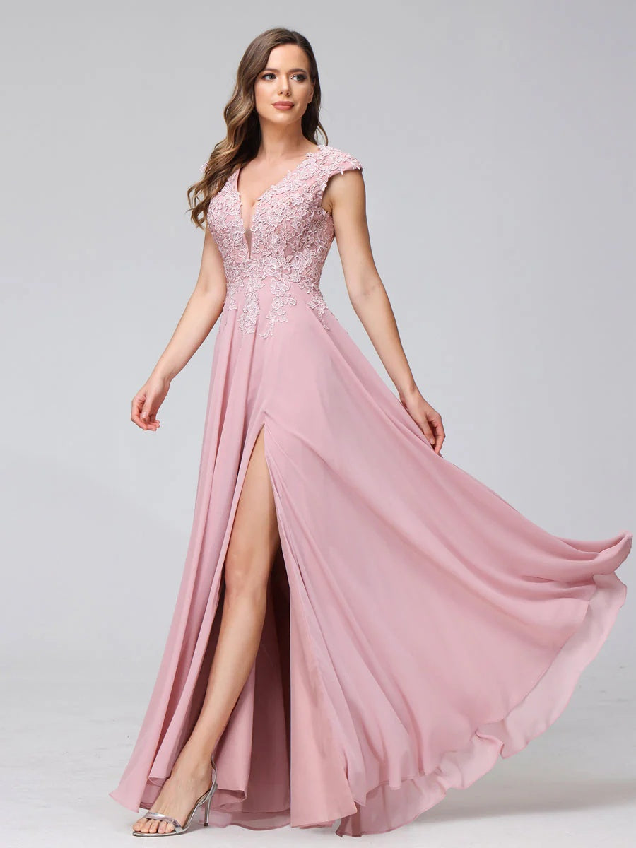 V-Neck Sleeveless A-Line Princess Chiffon Bridesmaid Dress with Applique and Side Split