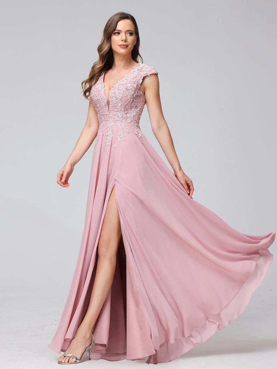 V-Neck Sleeveless A-Line Princess Chiffon Bridesmaid Dress with Applique and Side Split