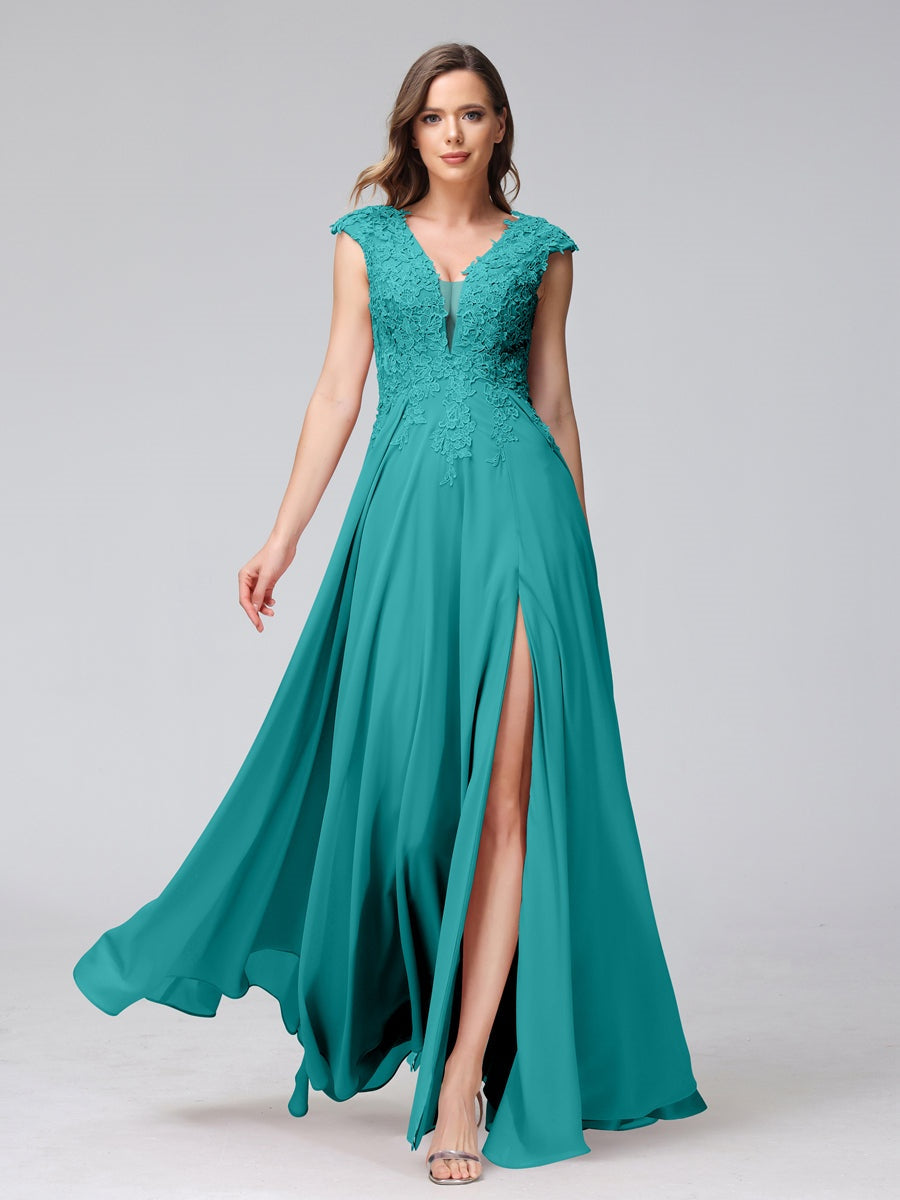 V-Neck Sleeveless A-Line Princess Chiffon Bridesmaid Dress with Applique and Side Split