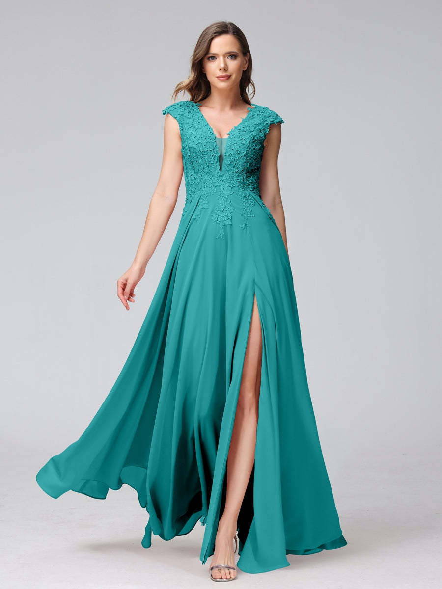 V-Neck Sleeveless A-Line Princess Chiffon Bridesmaid Dress with Applique and Side Split