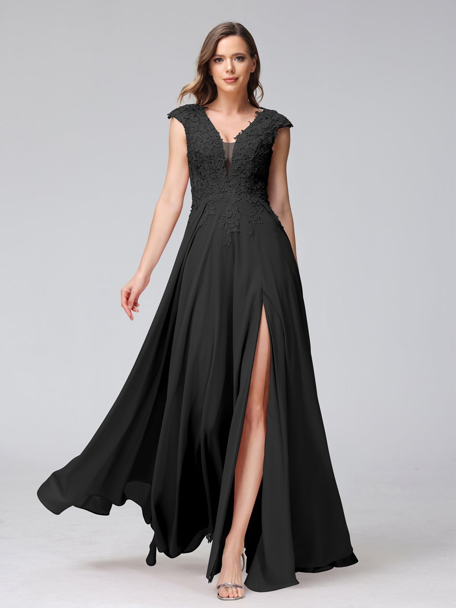 V-Neck Sleeveless A-Line Princess Chiffon Bridesmaid Dress with Applique and Side Split