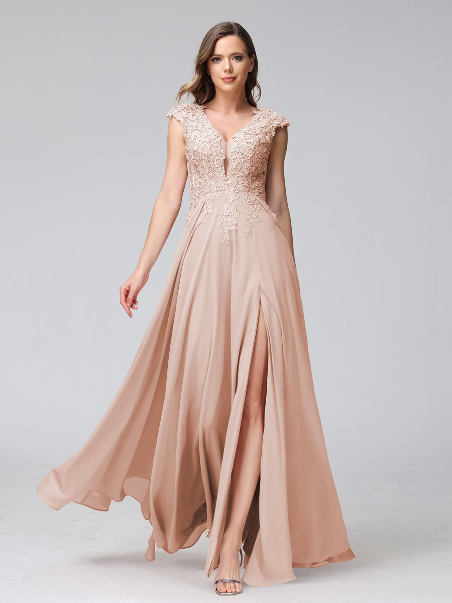 V-Neck Sleeveless A-Line Princess Chiffon Bridesmaid Dress with Applique and Side Split