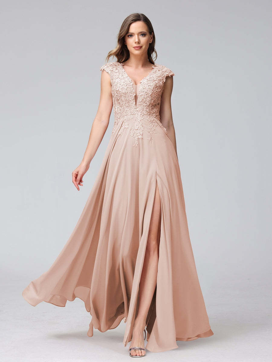 V-Neck Sleeveless A-Line Princess Chiffon Bridesmaid Dress with Applique and Side Split