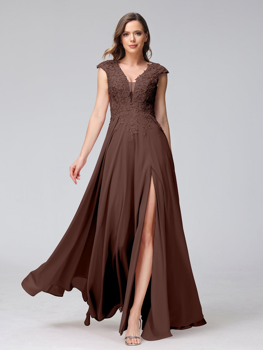 V-Neck Sleeveless A-Line Princess Chiffon Bridesmaid Dress with Applique and Side Split