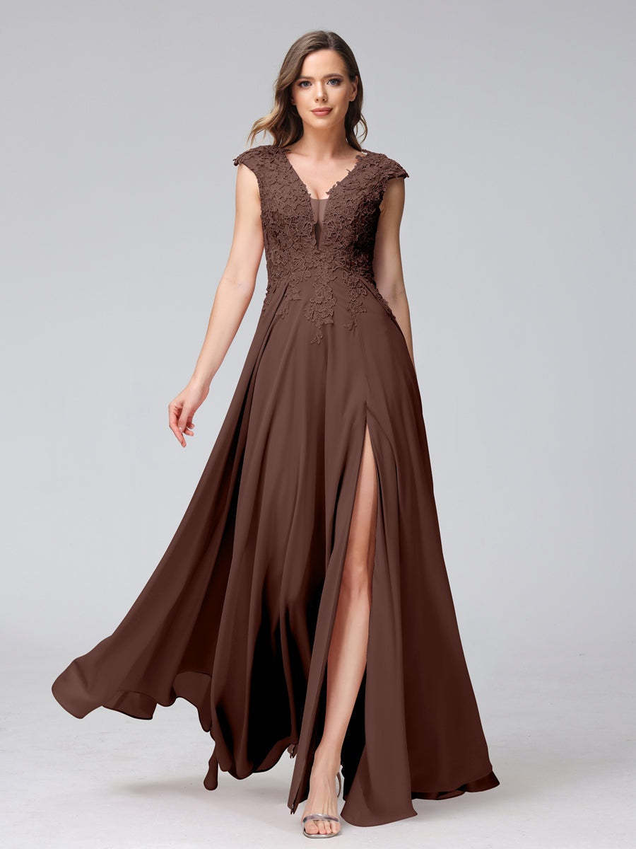 V-Neck Sleeveless A-Line Princess Chiffon Bridesmaid Dress with Applique and Side Split