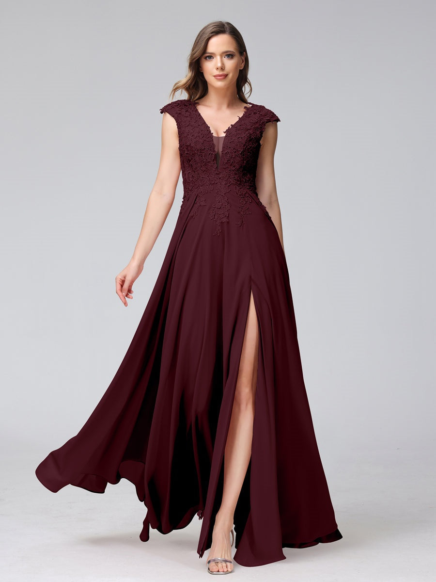 V-Neck Sleeveless A-Line Princess Chiffon Bridesmaid Dress with Applique and Side Split