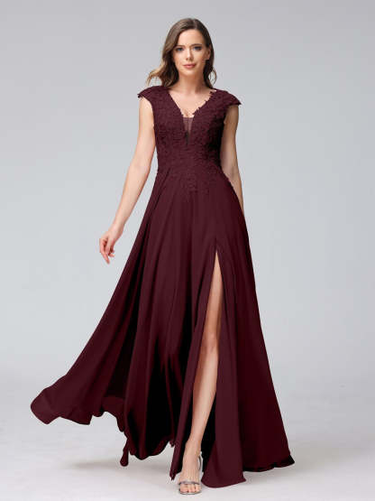 V-Neck Sleeveless A-Line Princess Chiffon Bridesmaid Dress with Applique and Side Split