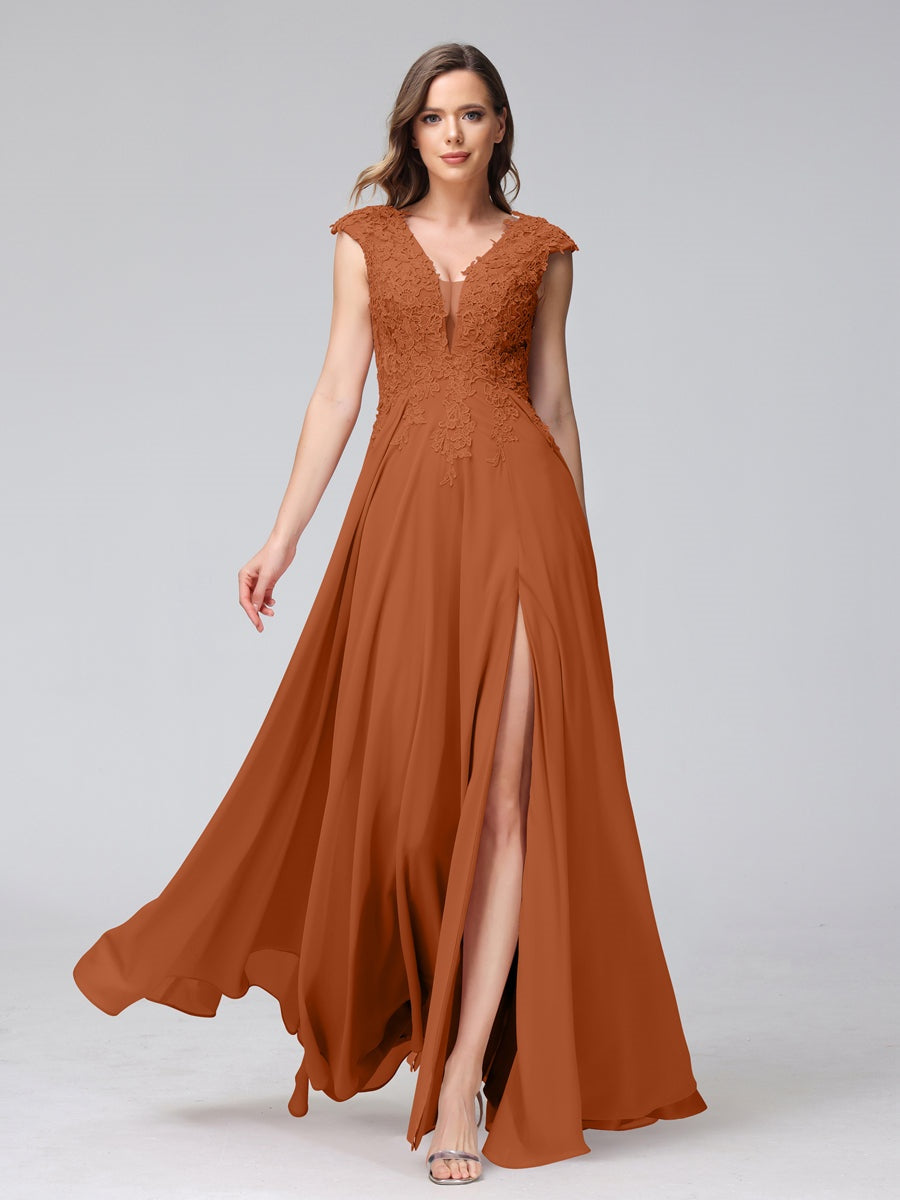 V-Neck Sleeveless A-Line Princess Chiffon Bridesmaid Dress with Applique and Side Split