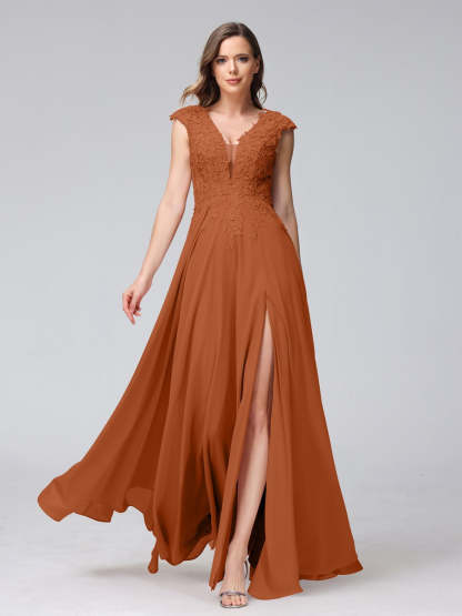V-Neck Sleeveless A-Line Princess Chiffon Bridesmaid Dress with Applique and Side Split