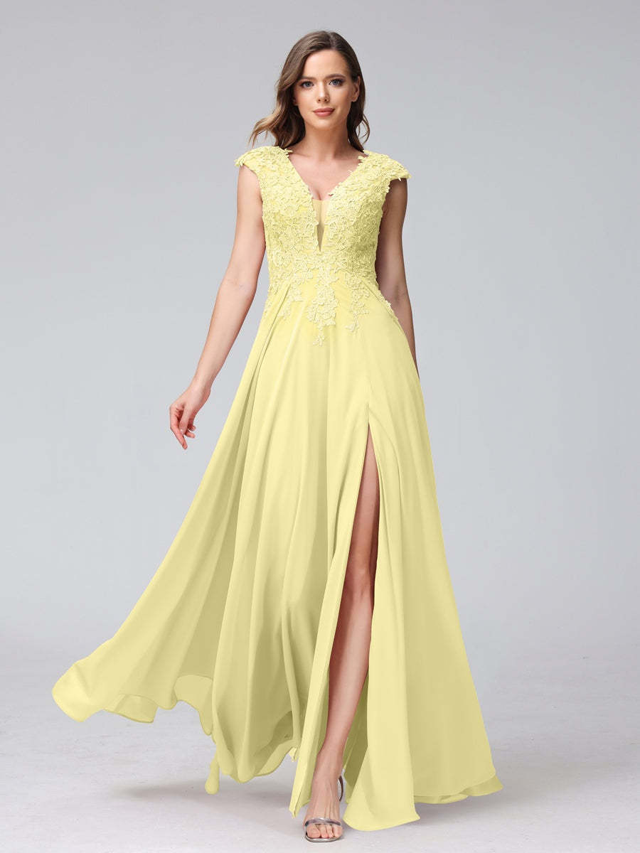 V-Neck Sleeveless A-Line Princess Chiffon Bridesmaid Dress with Applique and Side Split