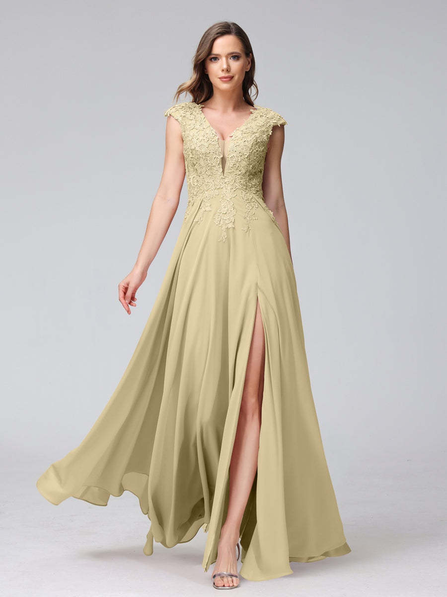 V-Neck Sleeveless A-Line Princess Chiffon Bridesmaid Dress with Applique and Side Split