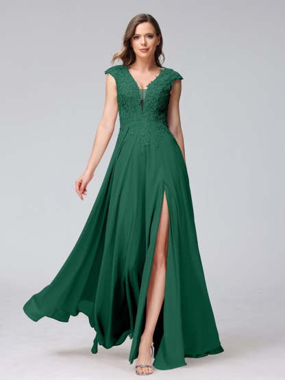 V-Neck Sleeveless A-Line Princess Chiffon Bridesmaid Dress with Applique and Side Split