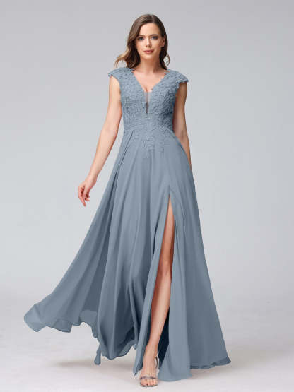 V-Neck Sleeveless A-Line Princess Chiffon Bridesmaid Dress with Applique and Side Split