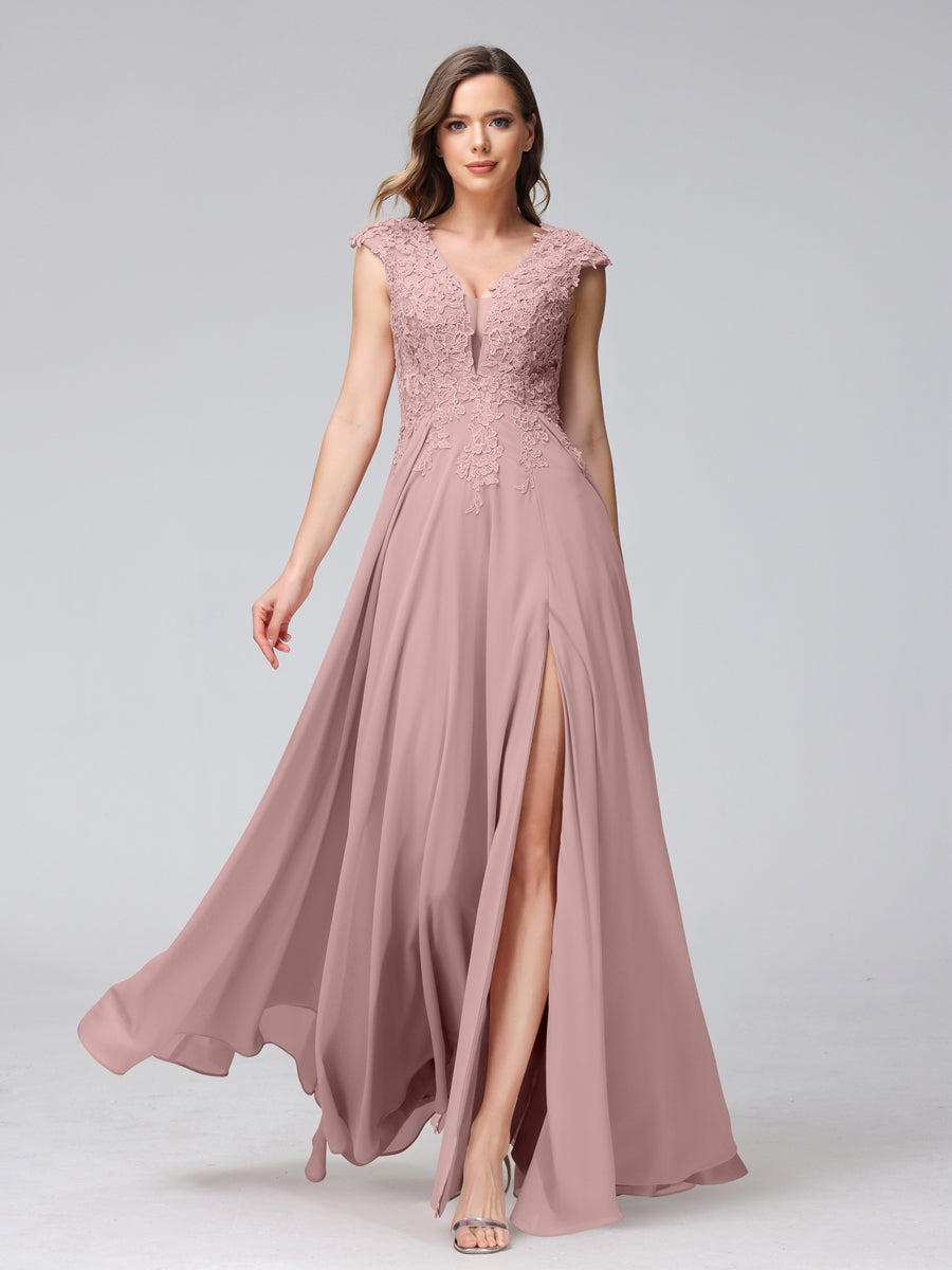 V-Neck Sleeveless A-Line Princess Chiffon Bridesmaid Dress with Applique and Side Split