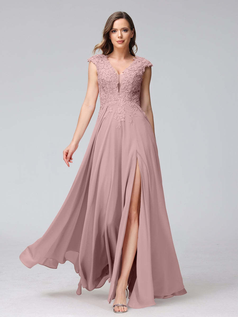 V-Neck Sleeveless A-Line Princess Chiffon Bridesmaid Dress with Applique and Side Split