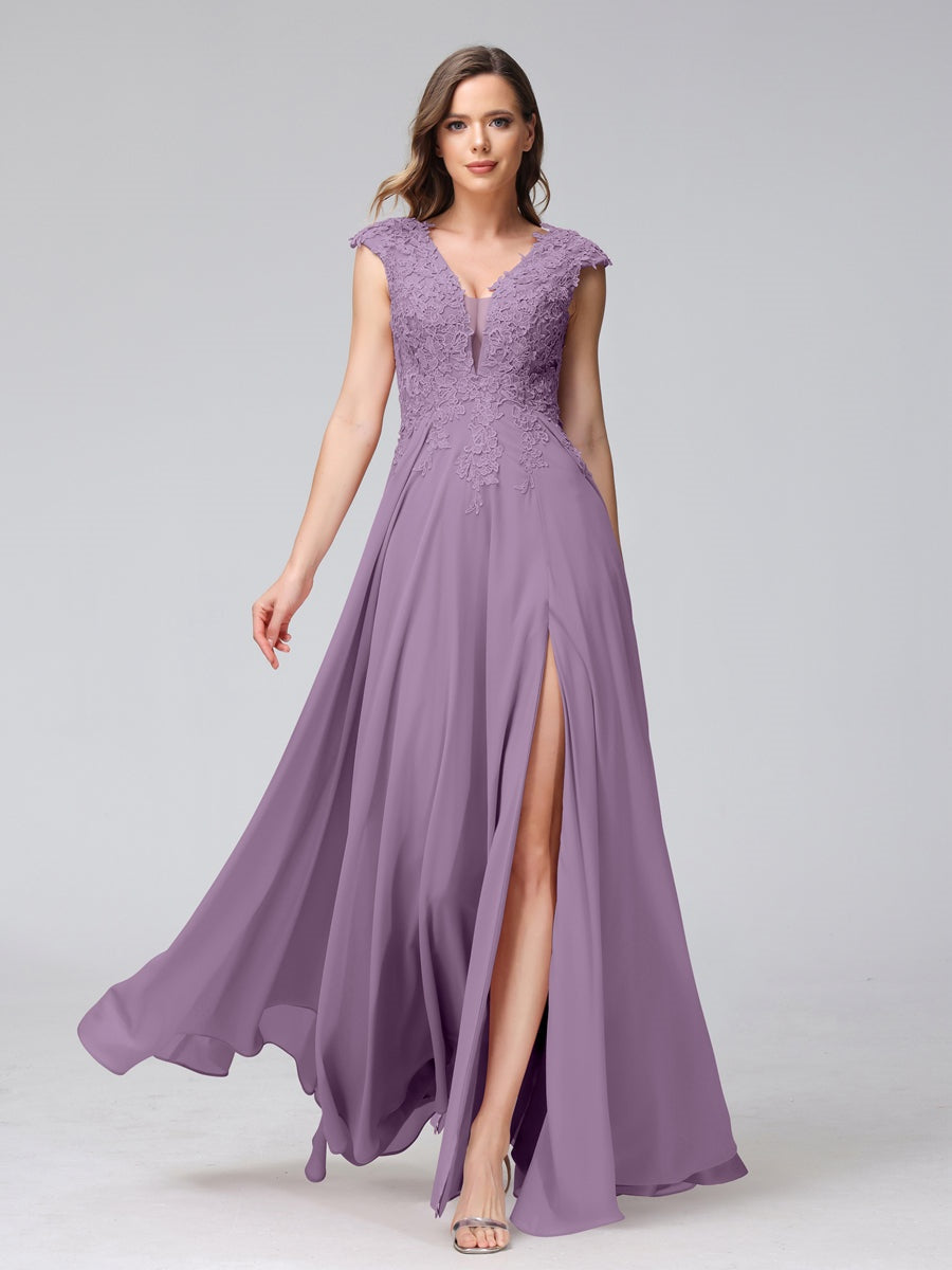 V-Neck Sleeveless A-Line Princess Chiffon Bridesmaid Dress with Applique and Side Split