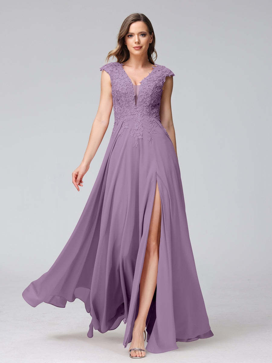V-Neck Sleeveless A-Line Princess Chiffon Bridesmaid Dress with Applique and Side Split