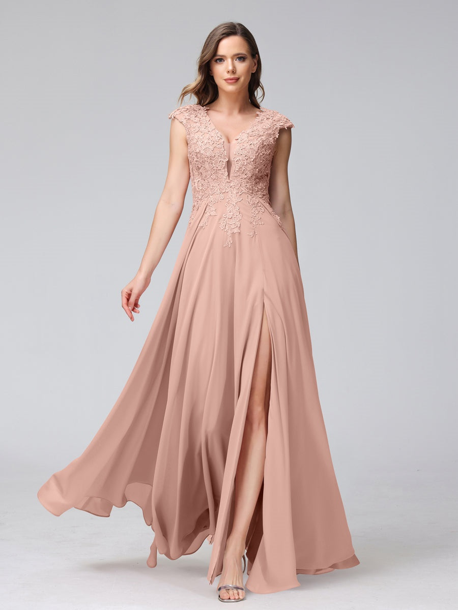V-Neck Sleeveless A-Line Princess Chiffon Bridesmaid Dress with Applique and Side Split