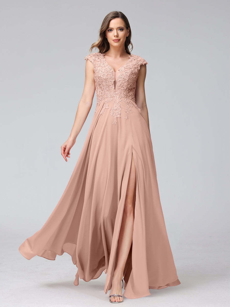V-Neck Sleeveless A-Line Princess Chiffon Bridesmaid Dress with Applique and Side Split