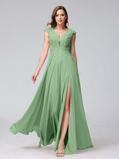 V-Neck Sleeveless A-Line Princess Chiffon Bridesmaid Dress with Applique and Side Split
