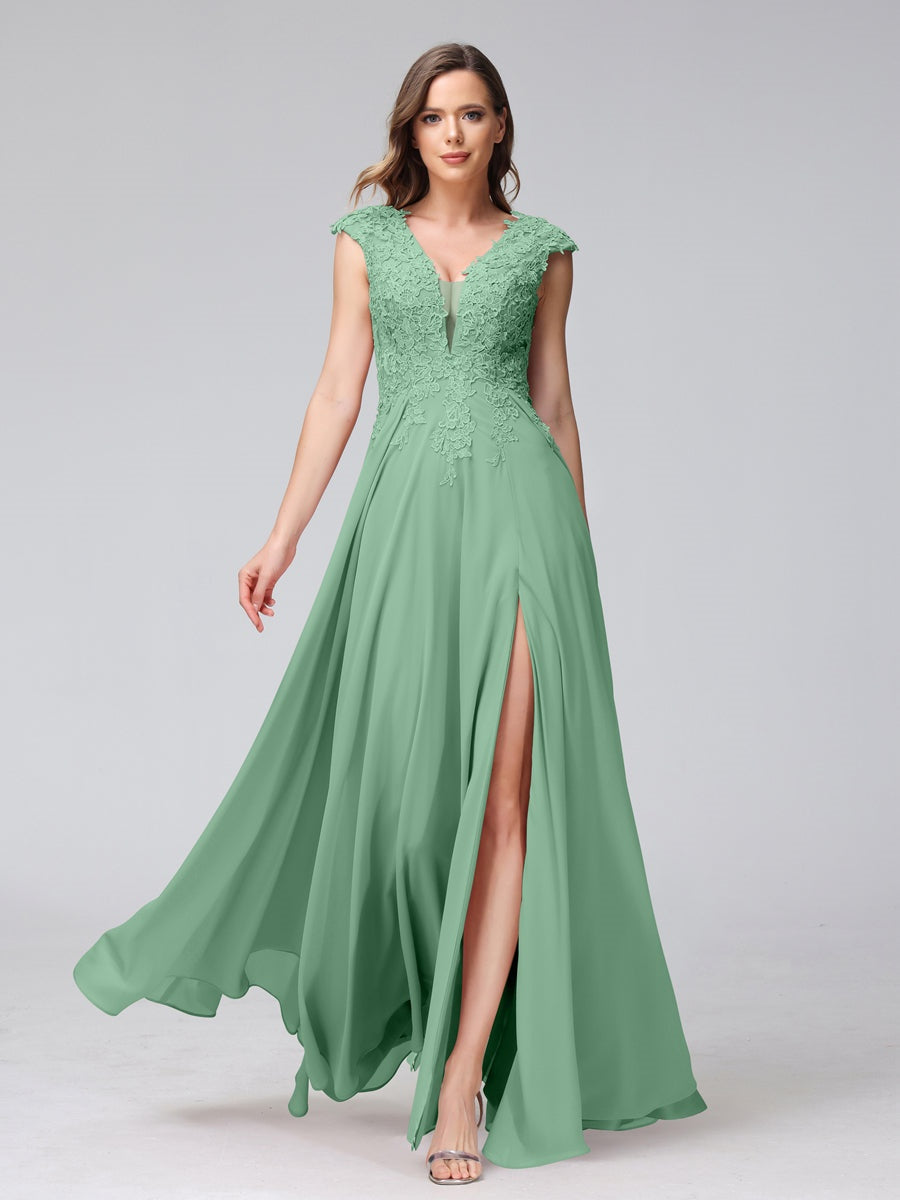 V-Neck Sleeveless A-Line Princess Chiffon Bridesmaid Dress with Applique and Side Split