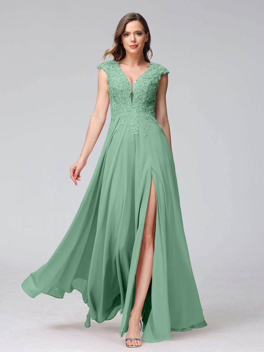 V-Neck Sleeveless A-Line Princess Chiffon Bridesmaid Dress with Applique and Side Split