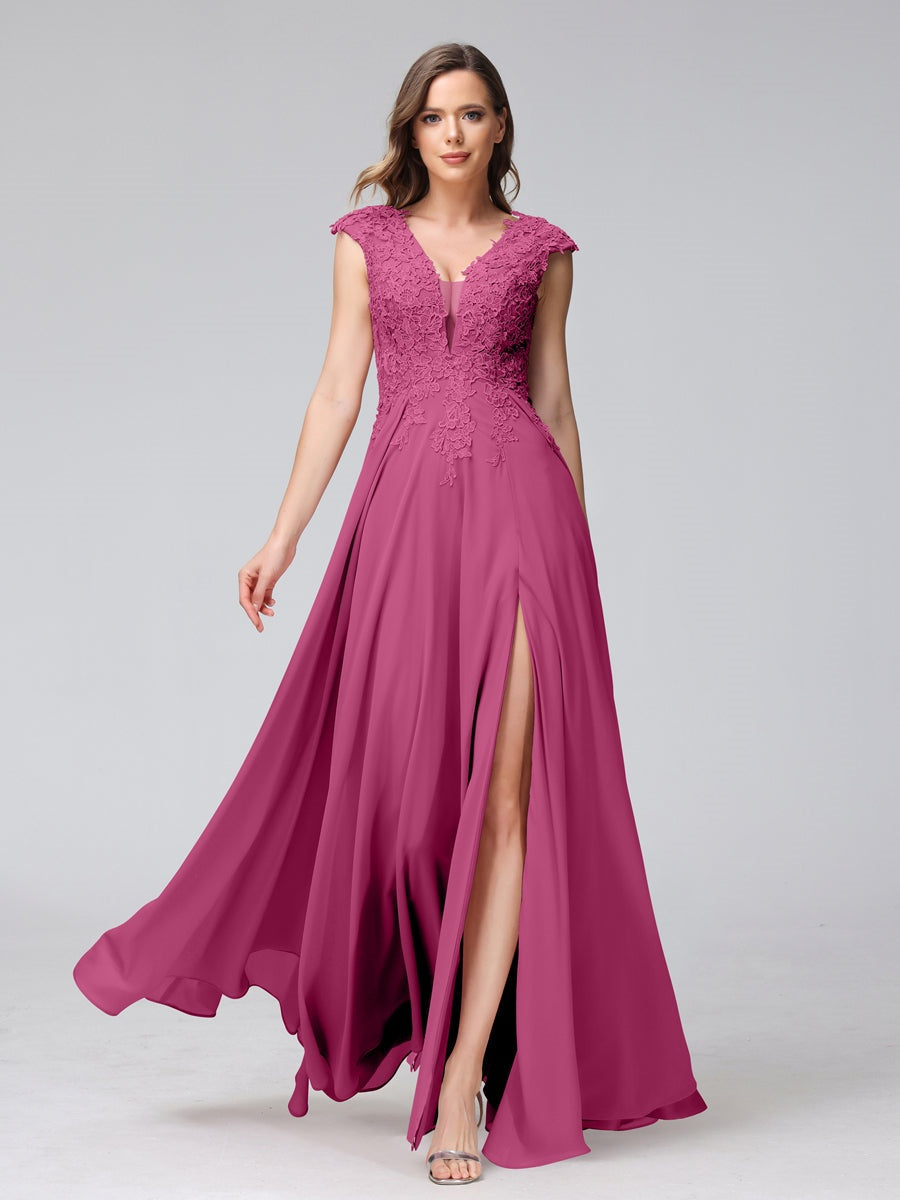 V-Neck Sleeveless A-Line Princess Chiffon Bridesmaid Dress with Applique and Side Split