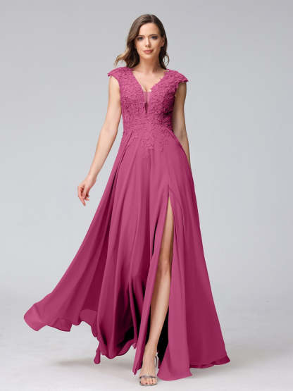 V-Neck Sleeveless A-Line Princess Chiffon Bridesmaid Dress with Applique and Side Split