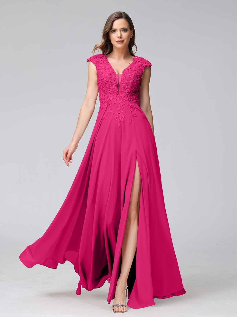 V-Neck Sleeveless A-Line Princess Chiffon Bridesmaid Dress with Applique and Side Split