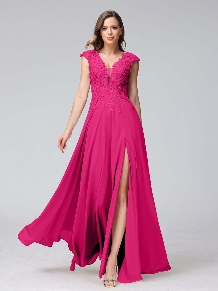 V-Neck Sleeveless A-Line Princess Chiffon Bridesmaid Dress with Applique and Side Split