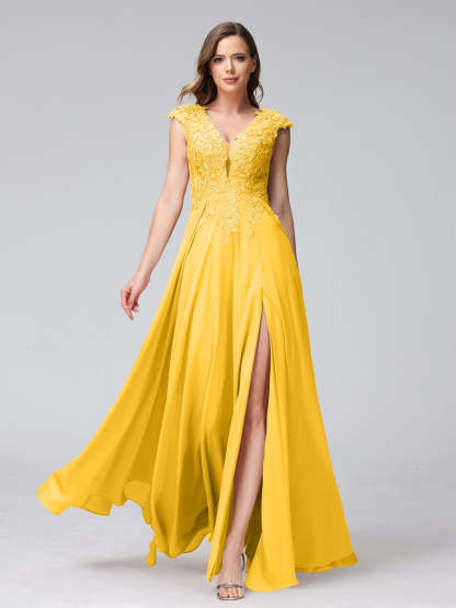 V-Neck Sleeveless A-Line Princess Chiffon Bridesmaid Dress with Applique and Side Split