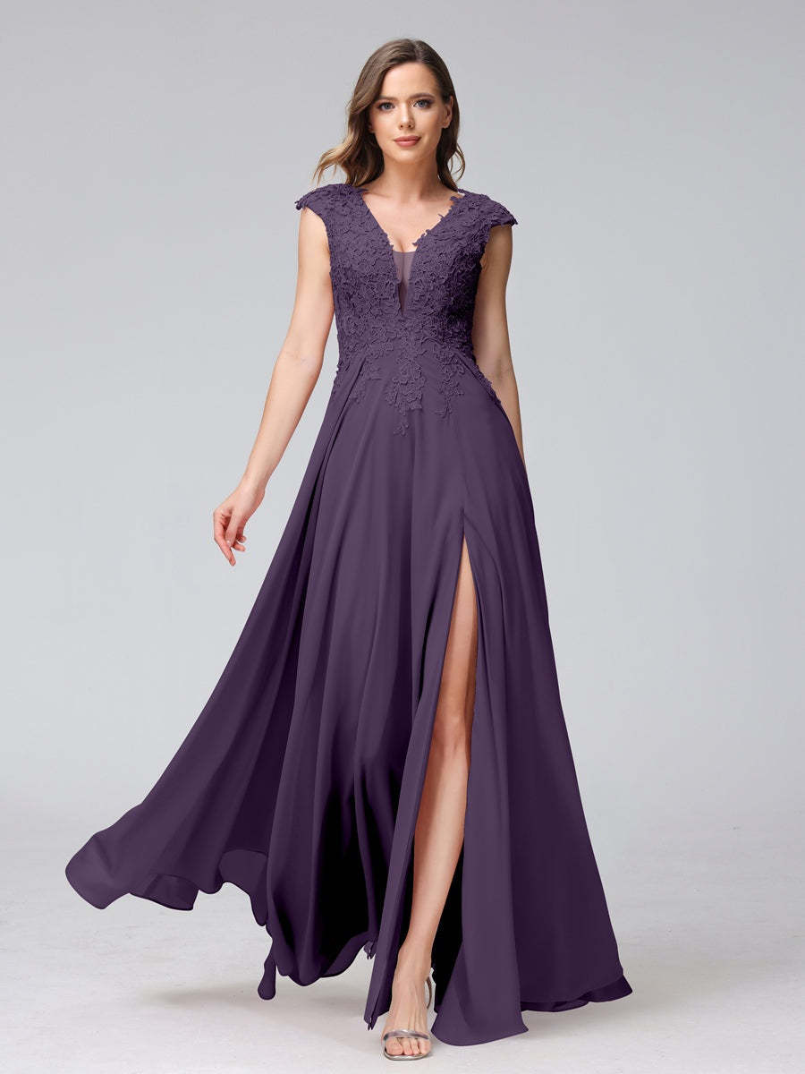 V-Neck Sleeveless A-Line Princess Chiffon Bridesmaid Dress with Applique and Side Split