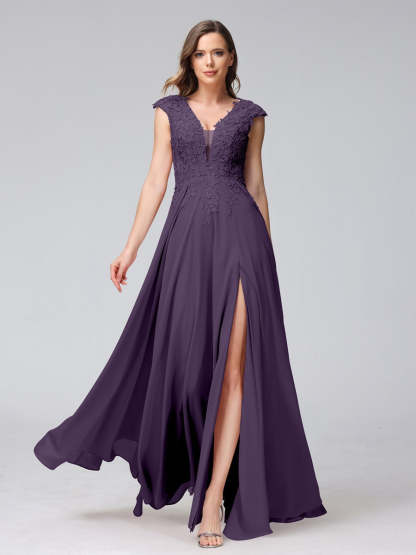 V-Neck Sleeveless A-Line Princess Chiffon Bridesmaid Dress with Applique and Side Split