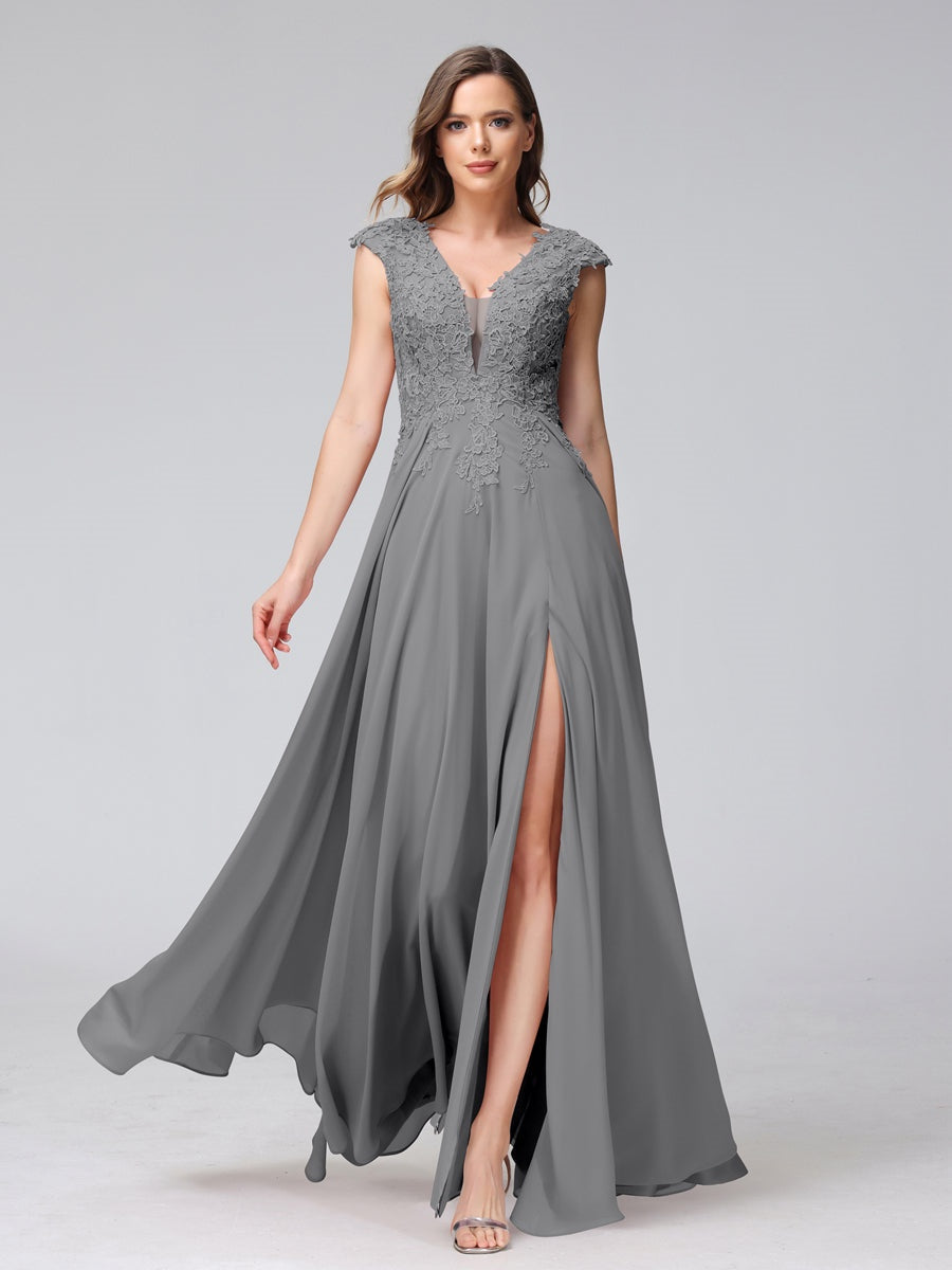 V-Neck Sleeveless A-Line Princess Chiffon Bridesmaid Dress with Applique and Side Split