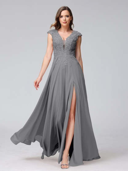 V-Neck Sleeveless A-Line Princess Chiffon Bridesmaid Dress with Applique and Side Split