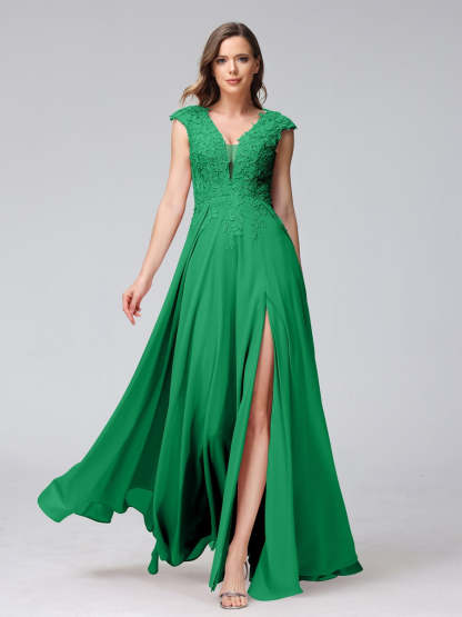 V-Neck Sleeveless A-Line Princess Chiffon Bridesmaid Dress with Applique and Side Split