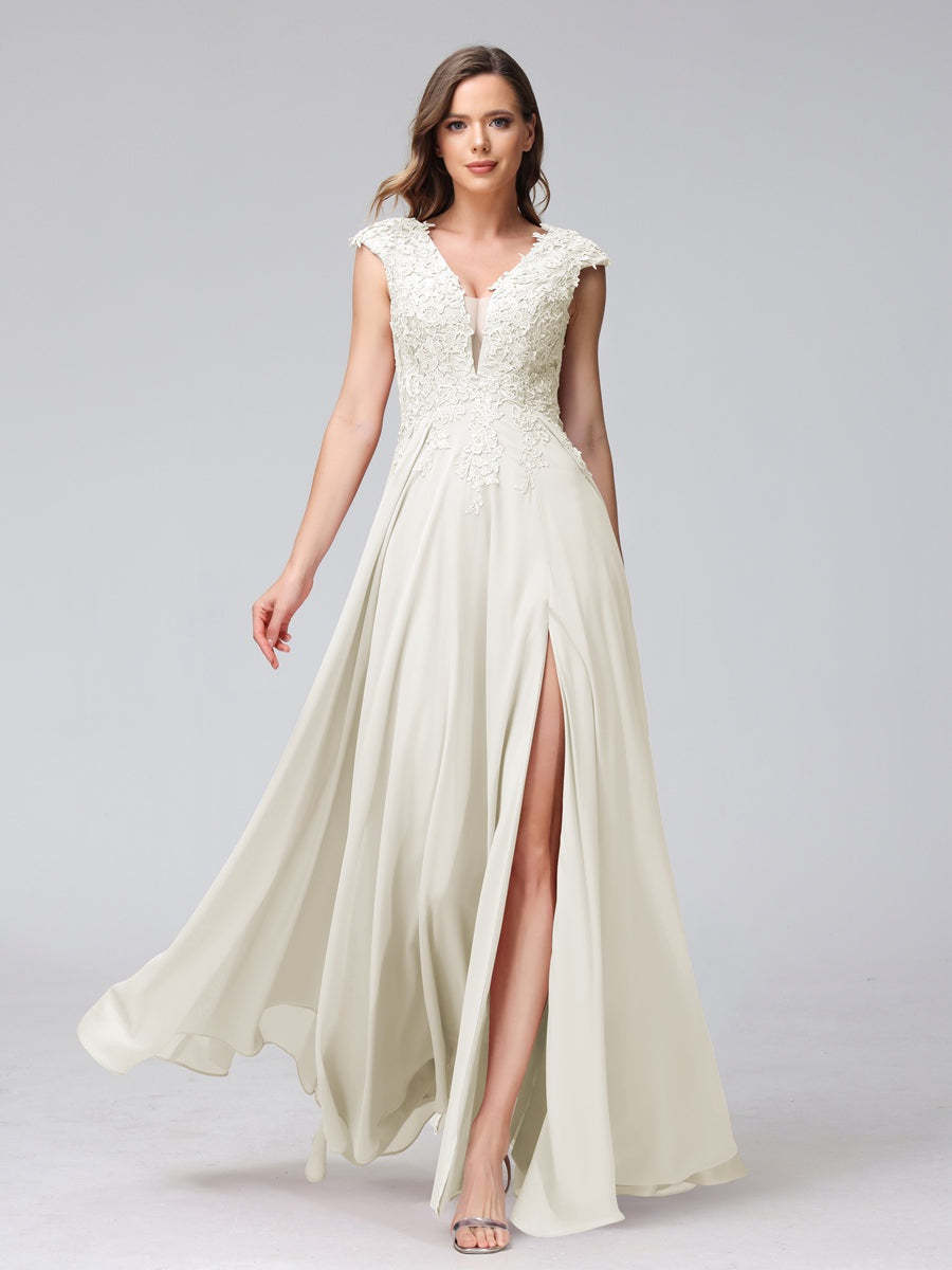 V-Neck Sleeveless A-Line Princess Chiffon Bridesmaid Dress with Applique and Side Split