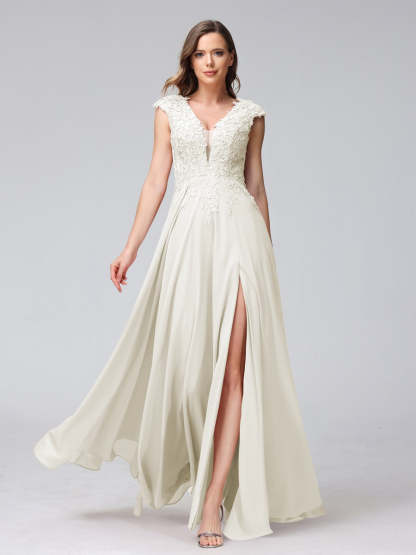 V-Neck Sleeveless A-Line Princess Chiffon Bridesmaid Dress with Applique and Side Split