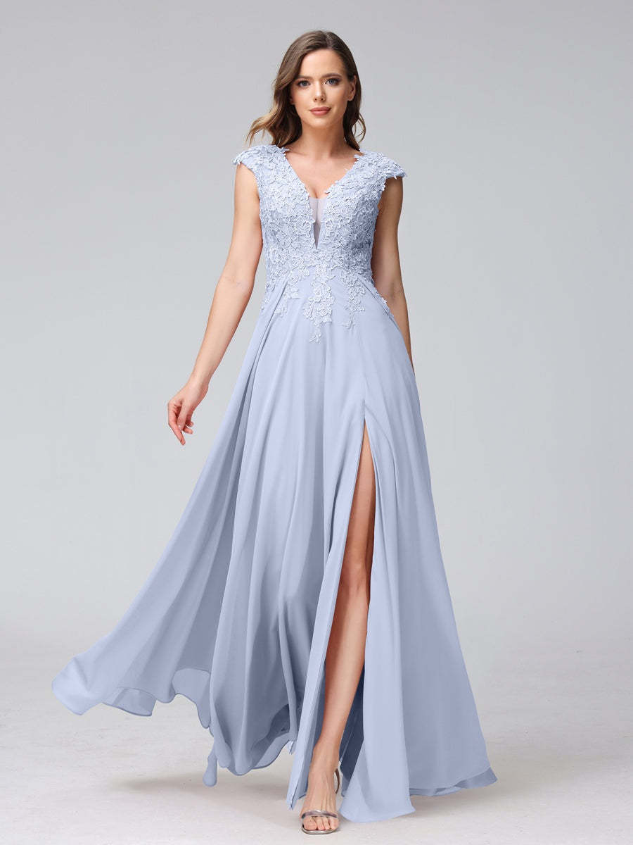 V-Neck Sleeveless A-Line Princess Chiffon Bridesmaid Dress with Applique and Side Split
